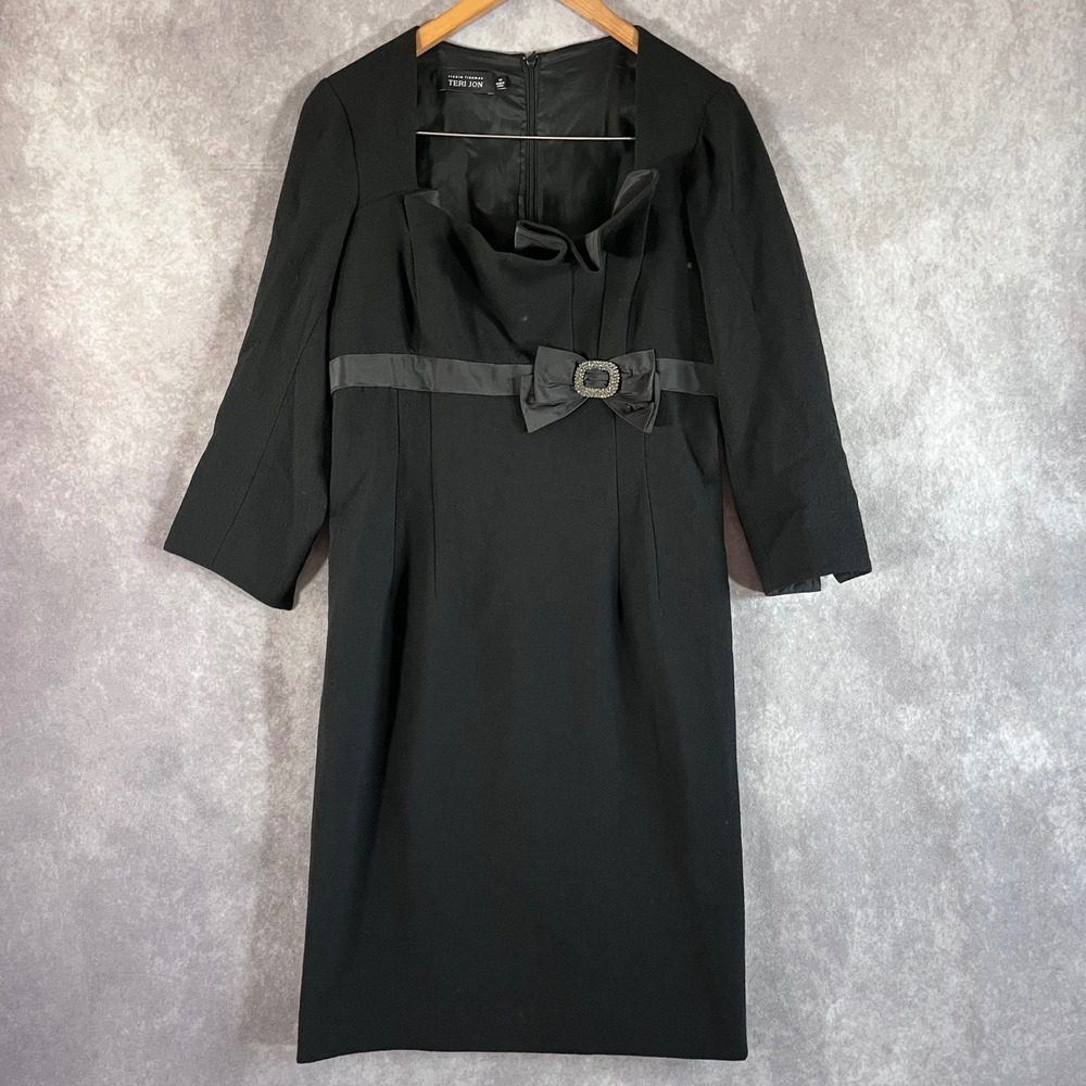 Teri Jon Rickie Freeman Dress Women 14 Black Sheath Ruffle Rhinestone Bow